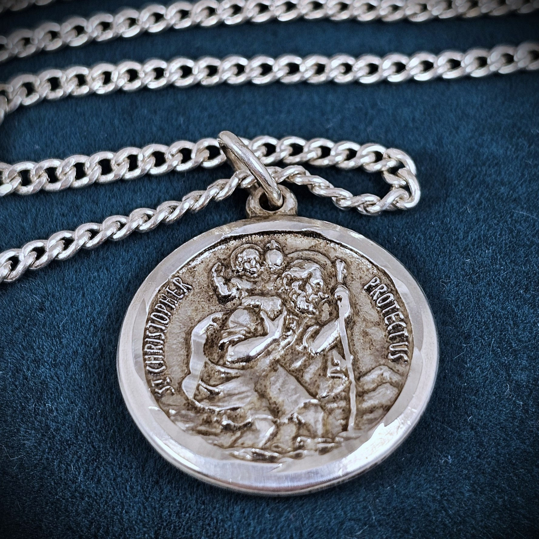 Vintage Sterling Silver St. Christopher Protection Medallion Pendant Necklace