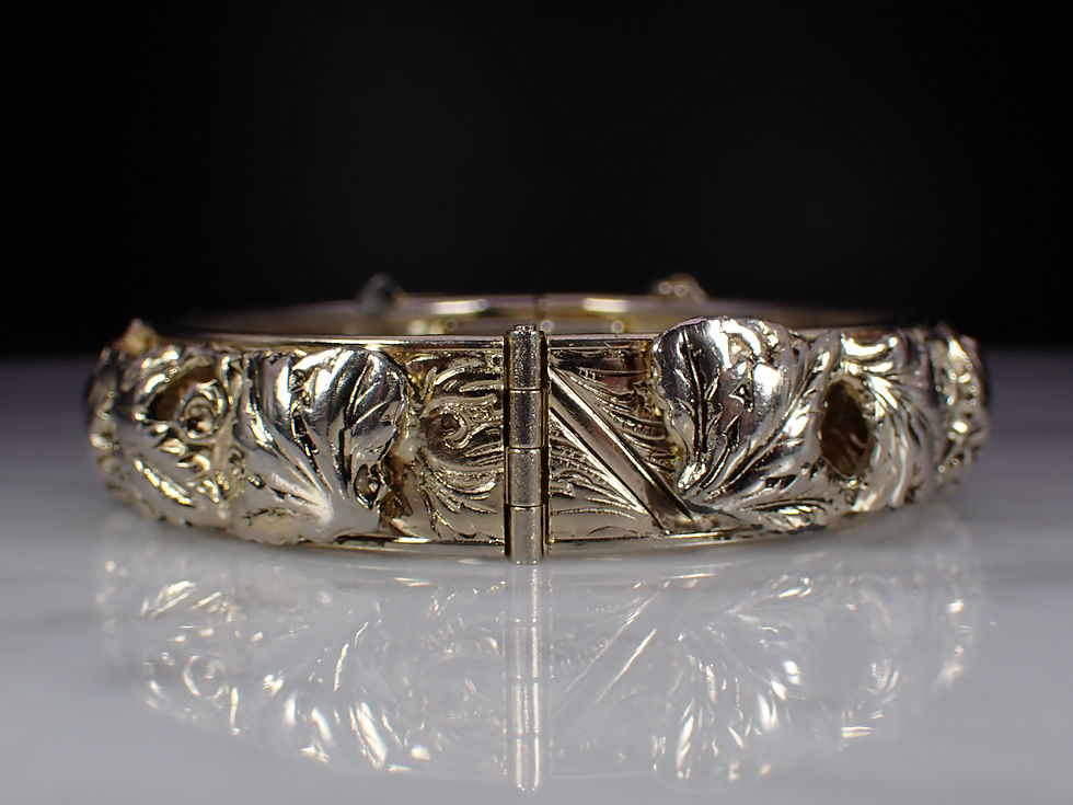 Thumbnail: 1/2" Wide Gold Tone Victorian Style Leaf Repousse Hinged Bangle Wedding Bracelet