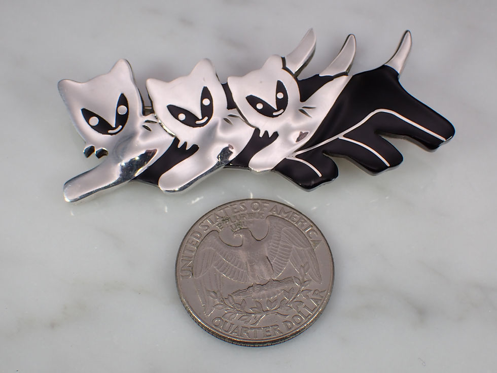 Thumbnail: Vintage Sterling Silver Mexico Black Enamel Triple Cat Critter Brooch Pin