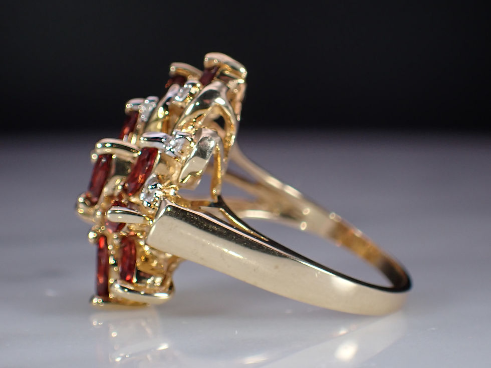 Thumbnail: Natural Pyrope Garnet & Diamond 10K Gold Vintage Marquise Cut Cluster Ring
