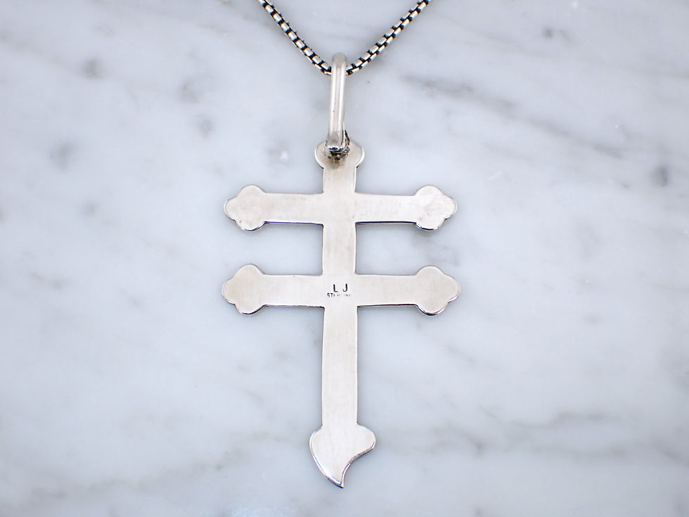 Thumbnail: Vintage Sterling Silver Large Two-Barred Cross of Lorraine Pendant Necklace