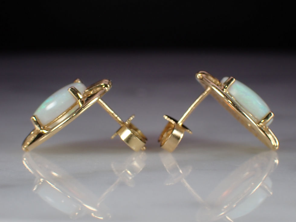 Thumbnail: Vintage 14K Yellow Gold Oval Crystal Opal Linear Design Fancy Stud Earrings