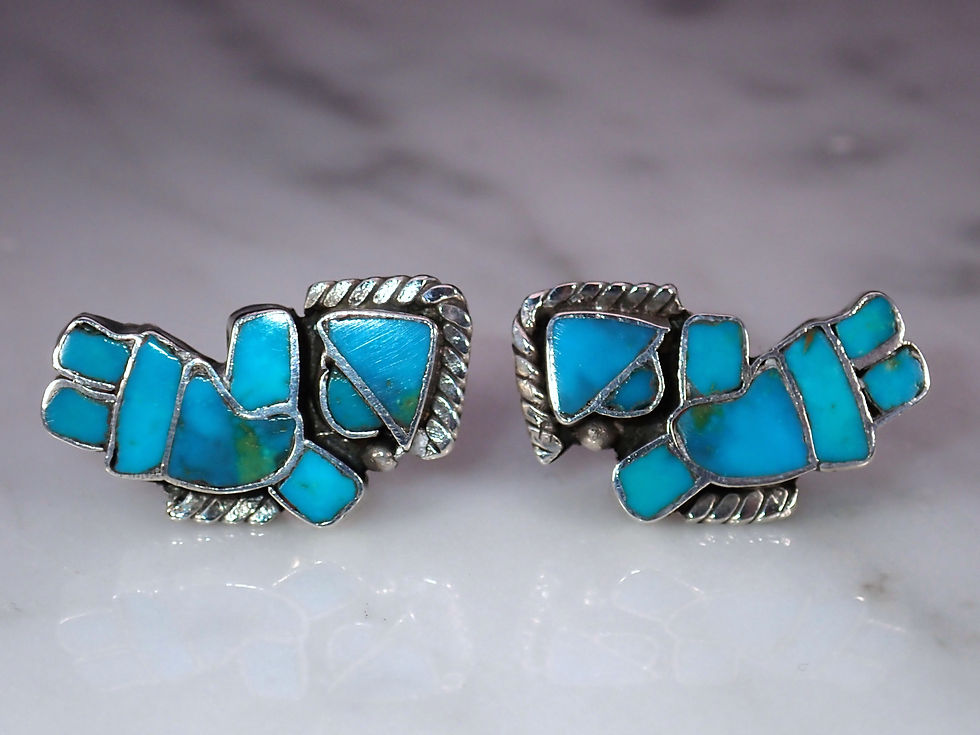 Thumbnail: Vintage Sterling Silver Turquoise Inlay Hopi Kachina Stud Earrings