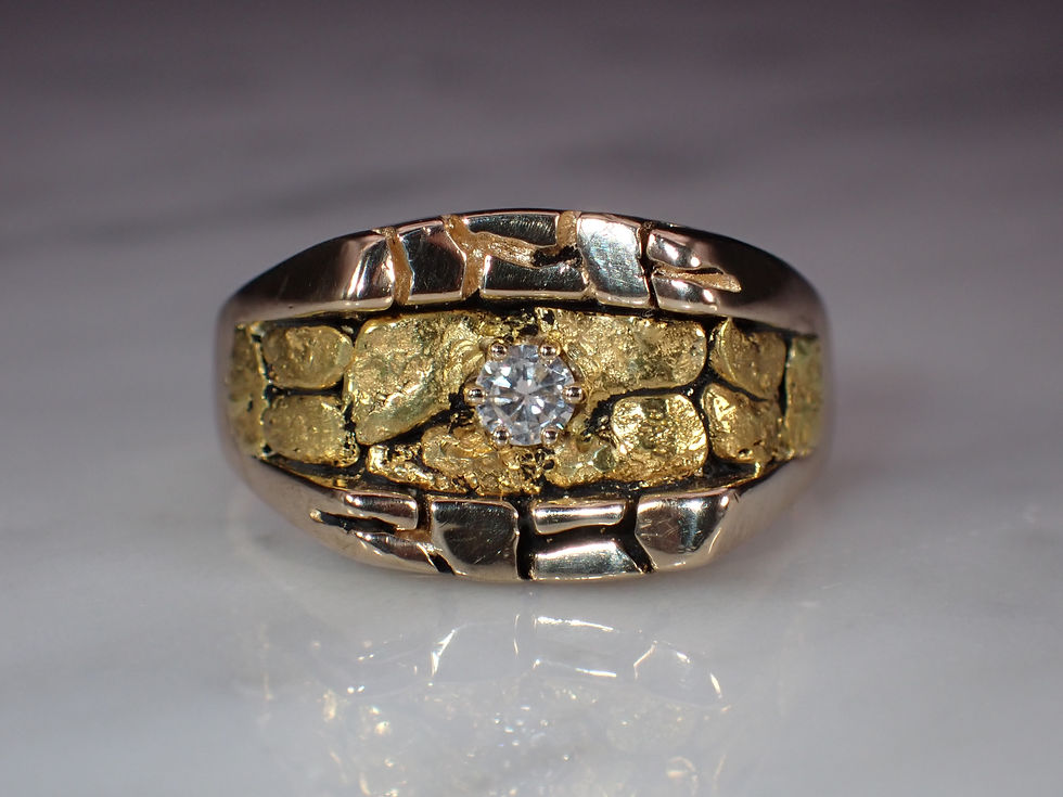 Thumbnail: Vintage 14K Yellow Gold 20K Nugget & Diamond Mens Statement Ring