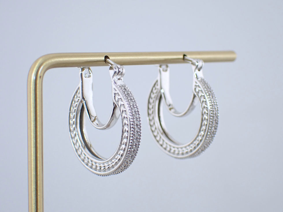 Thumbnail: Vintage Solid Sterling Silver & Diamond Fancy Leaf Design Hoop Dangle Earrings