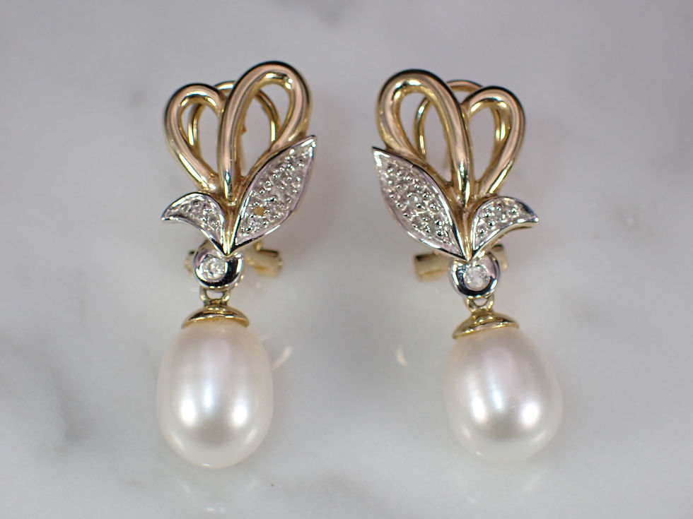 Thumbnail: Vintage 14K Yellow Gold Floral Design Dangle Pearl & Diamond Omega Back Earrings