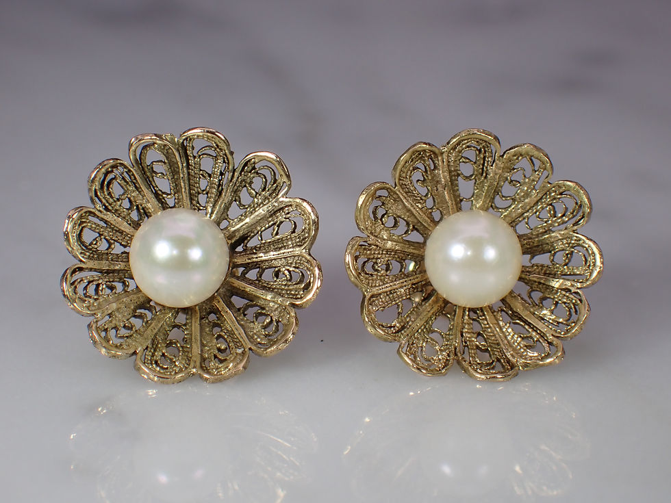 Thumbnail: Antique Cultured White Freshwater Pearl 14K Yellow Gold Basket Stud Earrings
