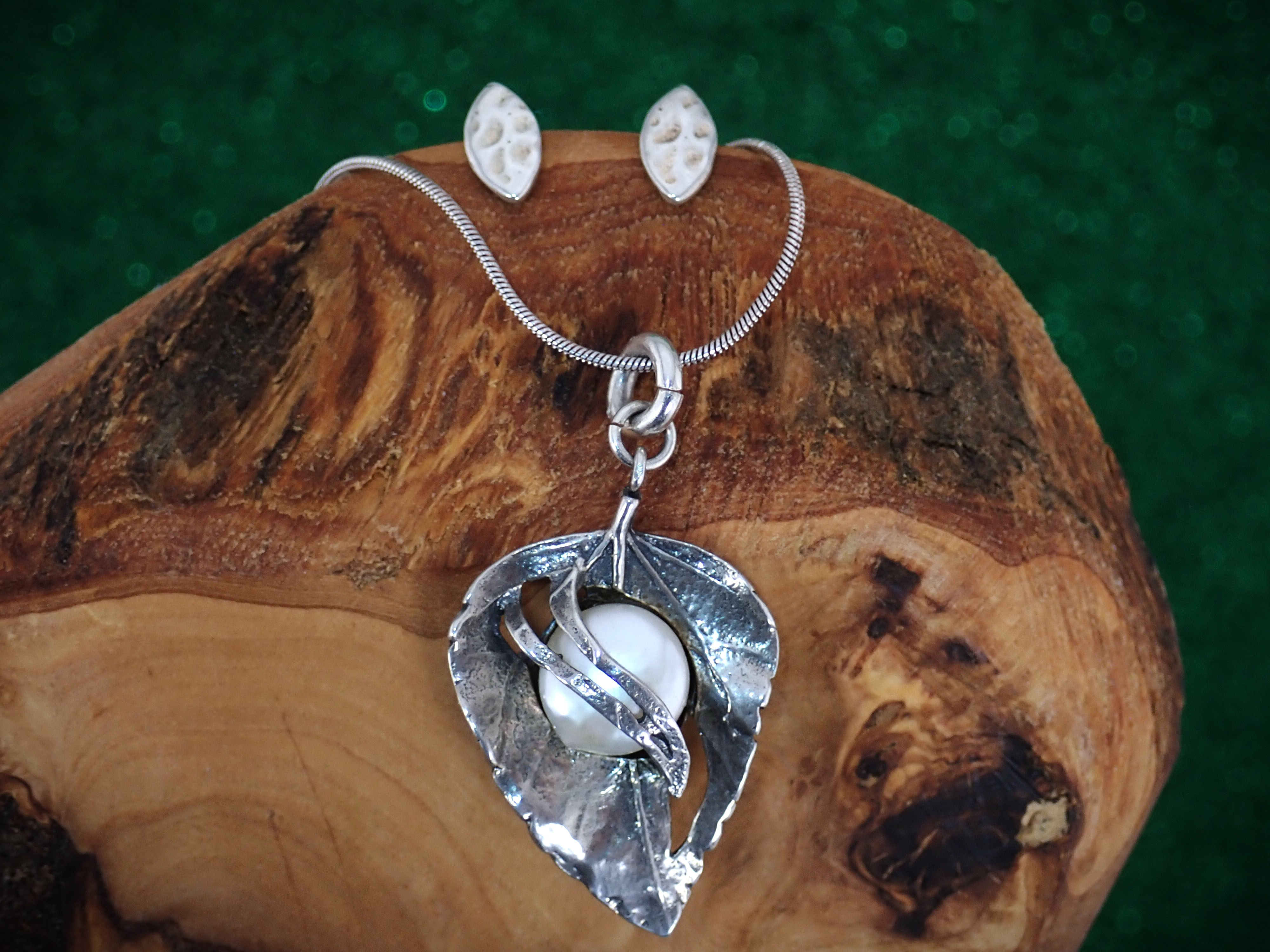 Vintage Artisan Sterling Silver Leaf with Pearl Necklace & Earrings Set