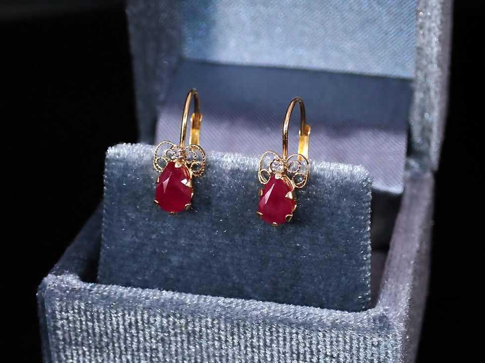 Thumbnail: Vintage 14K Yellow Gold Teardrop Natural Ruby & Diamond Drop Dangle Earrings