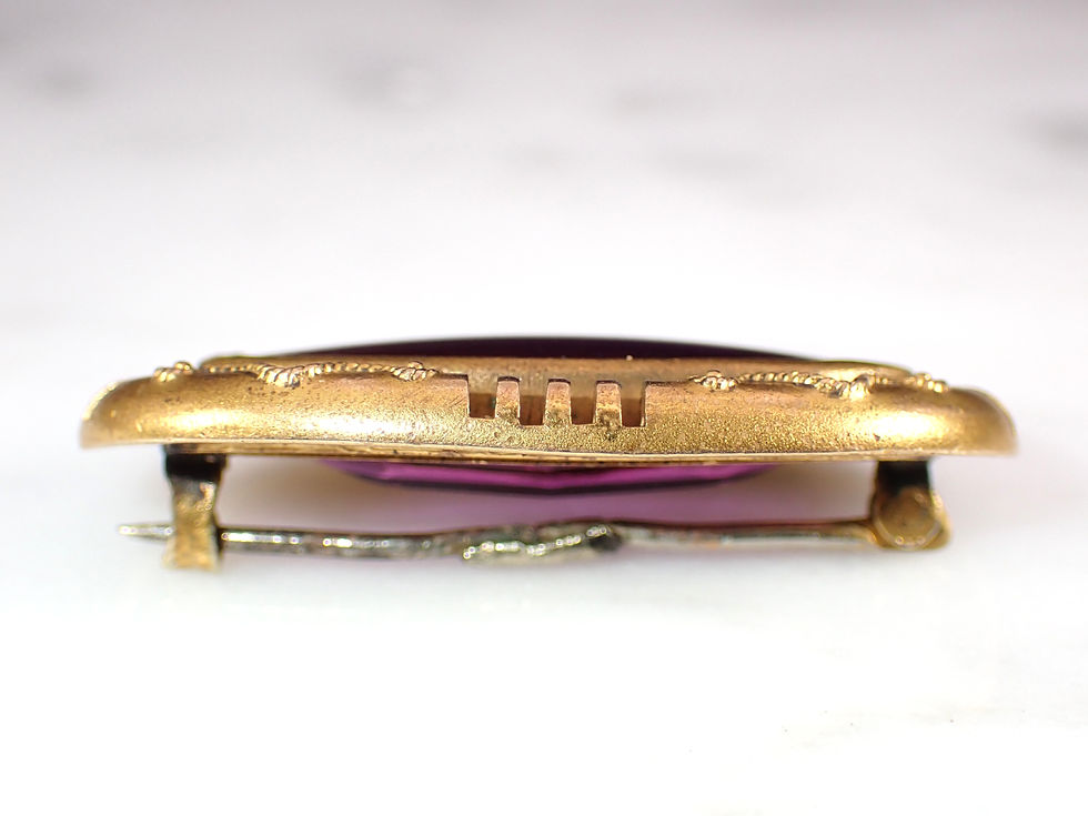 Thumbnail: Antique Brass Oval Faceted Amethyst Glass Cabochon Brooch Pendant Necklace