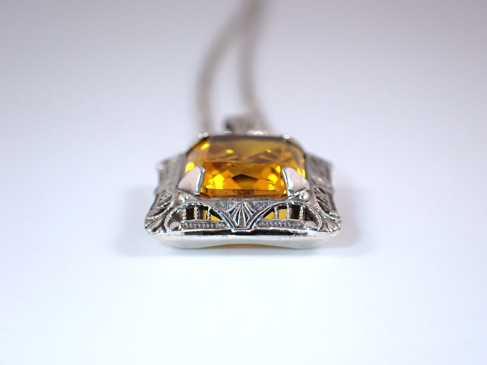 Thumbnail: Sterling Silver Antique Art Deco Yellow Citrine Glass Filigree Pendant Necklace
