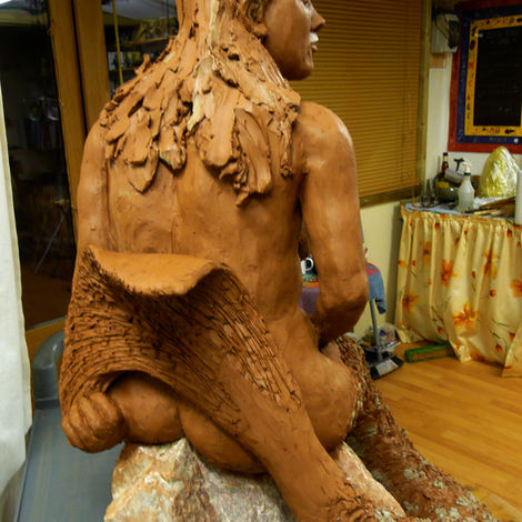 Golden Mermaid terracotta. details of the clay work before firing or casting into bronze