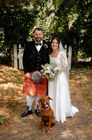 Lace, romantic wedding dress with puff sleeves in English Castle setting