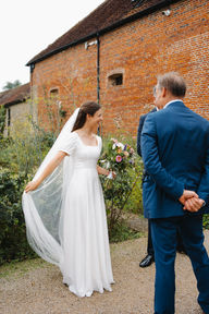 Square neck, puff sleeve wedding dress for beautiful walled garden wedding. Custom made for bride in Hampshire.