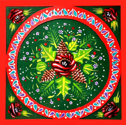 Canal art style image; highly decorated with red roses, holly fir leaves with a round ornamental border