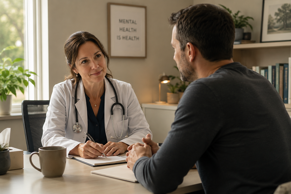 A man talks openly with his doctor during an appointment, finally putting words to what he'd been carrying