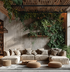 Experience ultimate comfort in a modern, eco-friendly living room featuring plush beige sofas, natural wooden elements, and a lush green living wall for a serene and sustainable home environment.