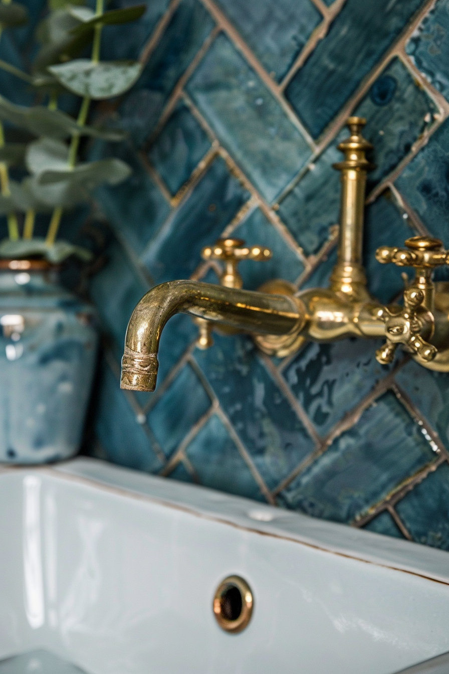 Golden, vintage-style faucet with intricate design zellige tiles on blue, diamond-shaped tiles and potted plant