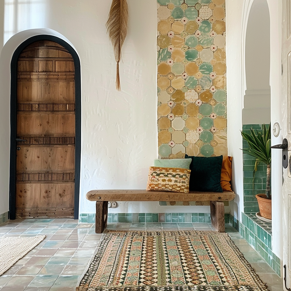 Cozy and warm interior with rustic wooden bench, cushions, hexagonal tiles, and dried plant leaf decor