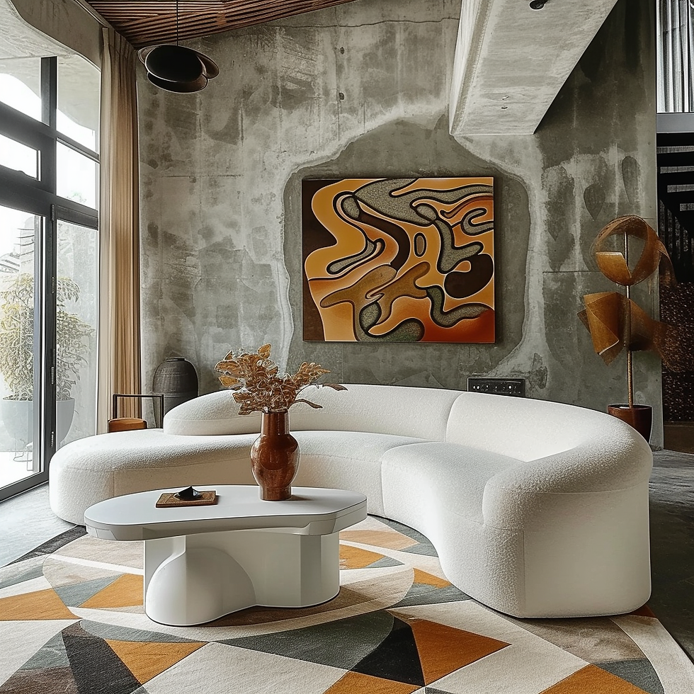 A modern living room with a white curved sofa, abstract wall art, and concrete walls, lit by natural light from the window