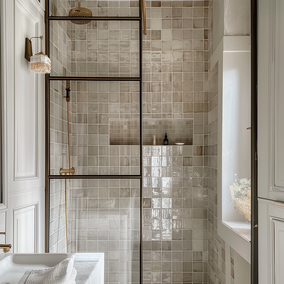 Modern, elegant shower enclosure with glass walls, grey tiles, golden shower head, and crystal chandelier