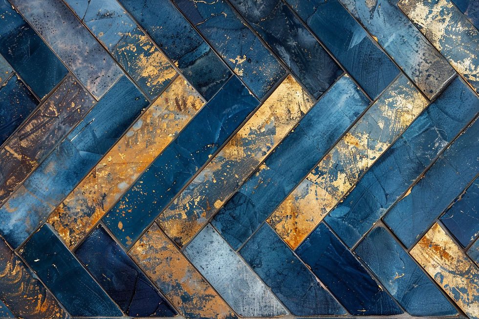 lose-up view of a textured wall with a herringbone pattern, featuring distressed blue and gold painted wooden planks for a rustic aesthetic.