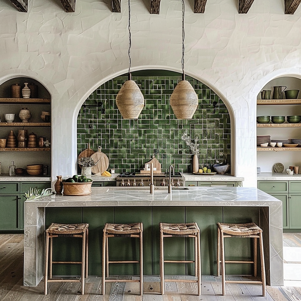 cozy and stylish kitchen with a green theme, a marble-topped island with stools, a tiled wall with an alcove, wooden shelves with ceramic items, and two basket-like lamps.