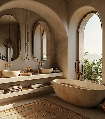 Experience the serenity and luxury of this beautifully designed modern bathroom, featuring a natural stone bathtub, elegant fixtures, and a breathtaking view of nature through the arched window. Perfect for relaxation and rejuvenation.