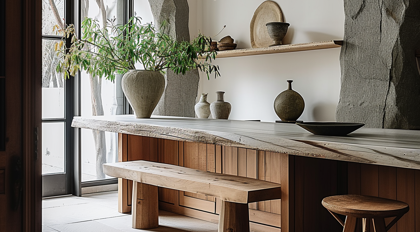 A modern rustic interior featuring a wooden dining table and bench, with a stone wall backdrop, elegant pottery decor, and greenery in a spacious vase to create an inviting and natural atmosphere
