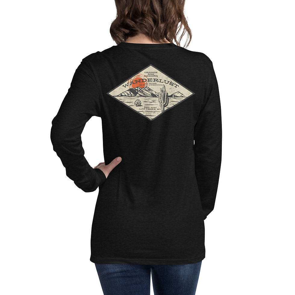Thumbnail: woman modeling back of black long sleeve shirt with desert scene print