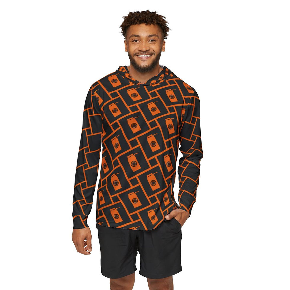 Thumbnail: Male model front view of the orange box SPF hoodie with orange and black juice box print.