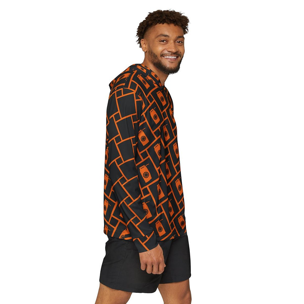 Thumbnail: male model side view of the orange box SPF hoodie with orange and black juice box print.