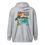 Thumbnail: back of light grey zip up hoodie with island escape print