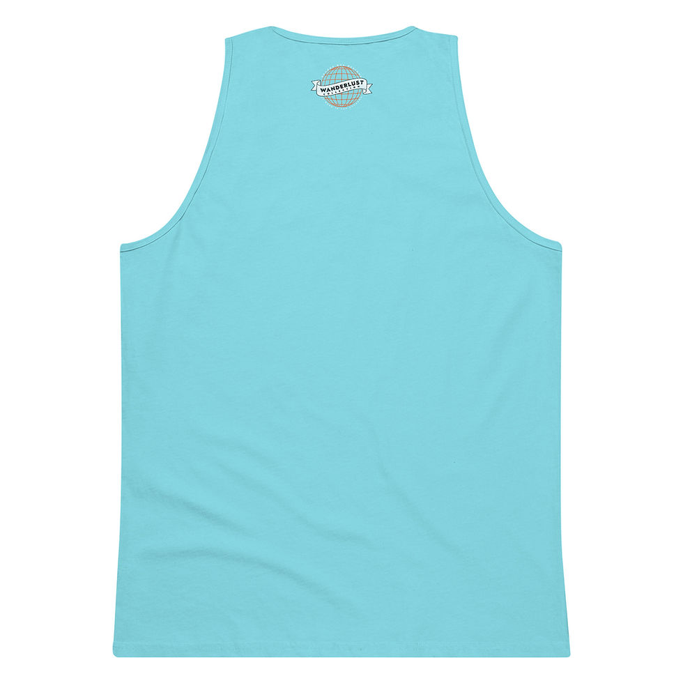 Thumbnail: back of aqua blue tank top with Wanderlust Collection print