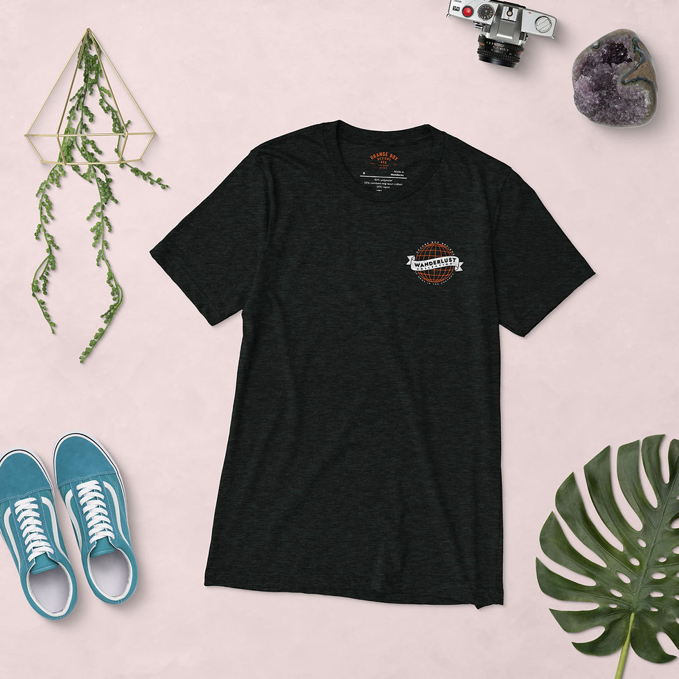 Thumbnail: Front view of black t shirt with wanderlust collection print