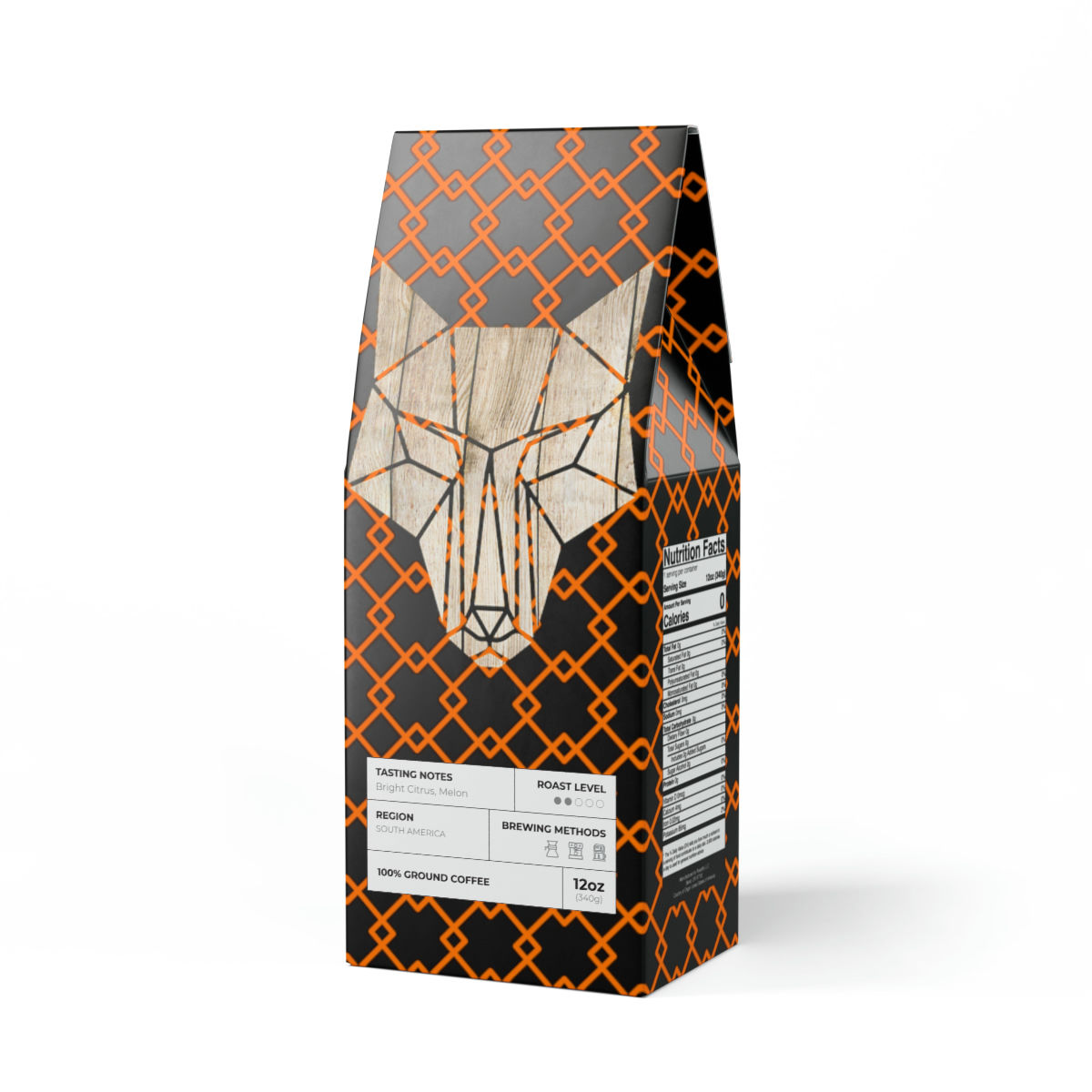 Light-colored wolf head over orange pattern on black packaging