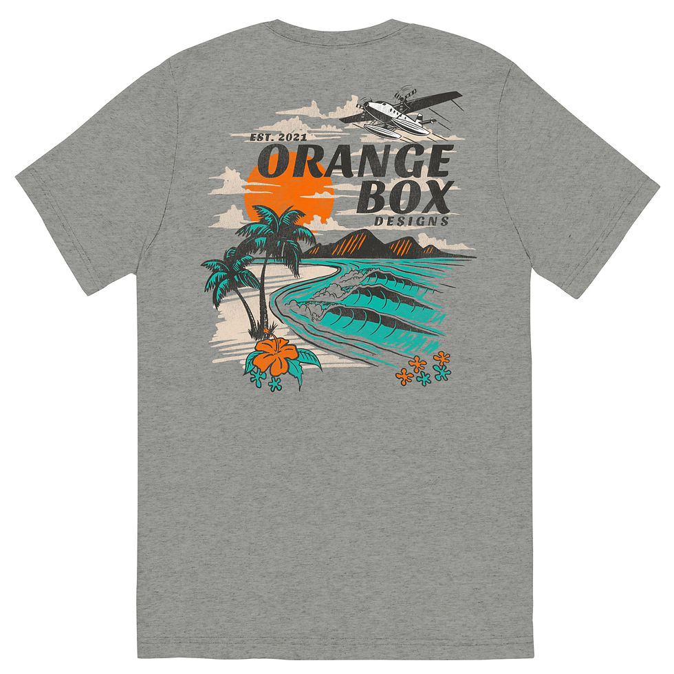 Thumbnail: back of light grey t shirt with island escape print
