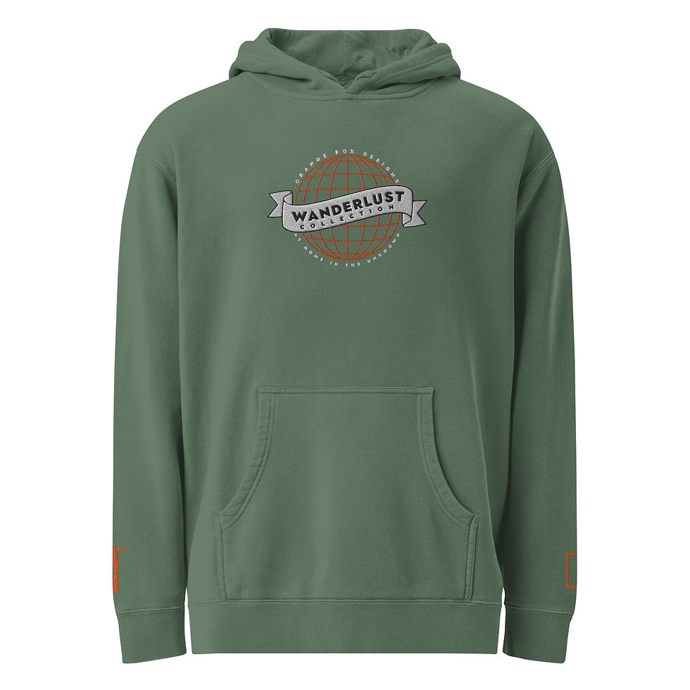Thumbnail: front view of green hoodie with embroidered Wanderlust Collection logo