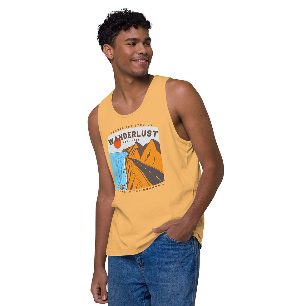 Thumbnail: Man modeling yellow tank top with coastal highway print on front