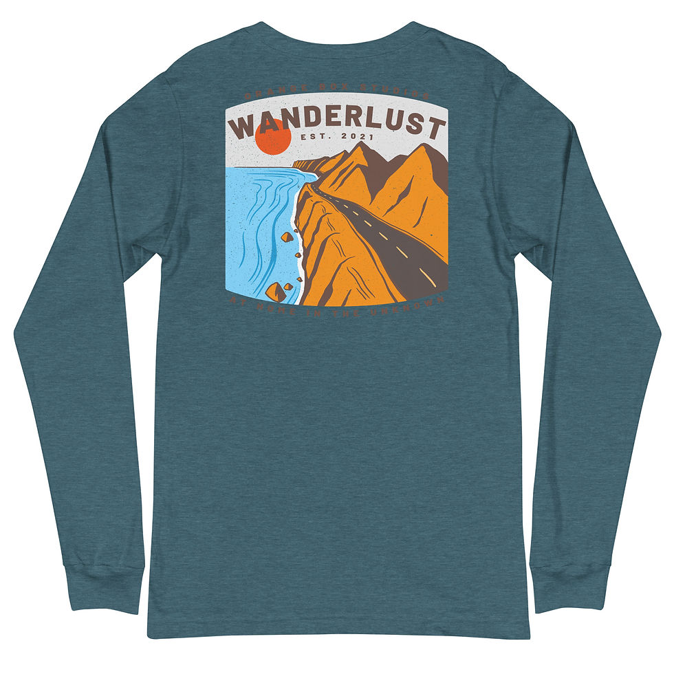 Thumbnail: back of heather teal long sleeve shirt with coastal highway print