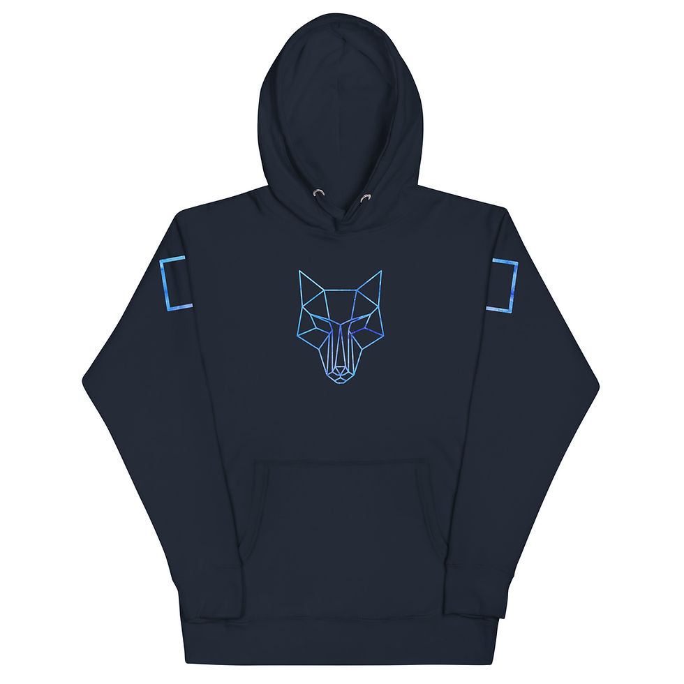 Thumbnail: Blue Geometric Wolf Head on Grey Hooded Sweatshirt