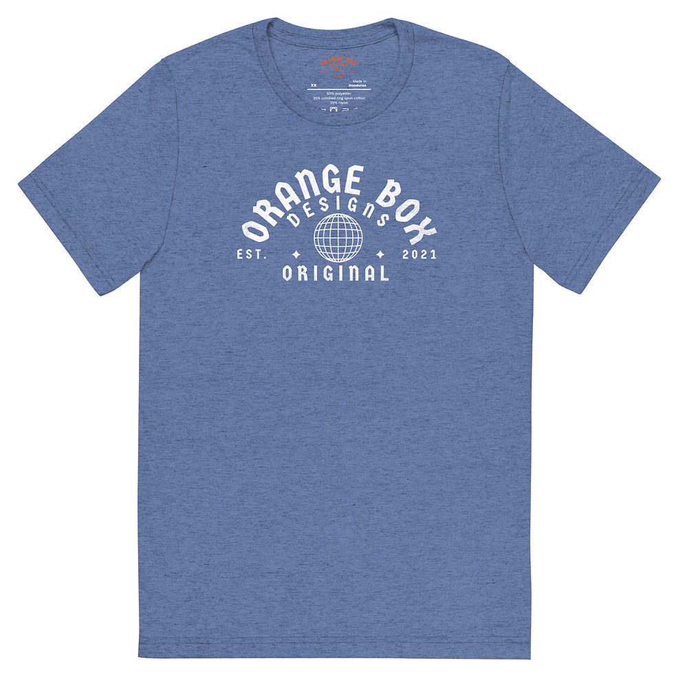 Thumbnail: front of blue t shirt with white Orange Box Designs logo