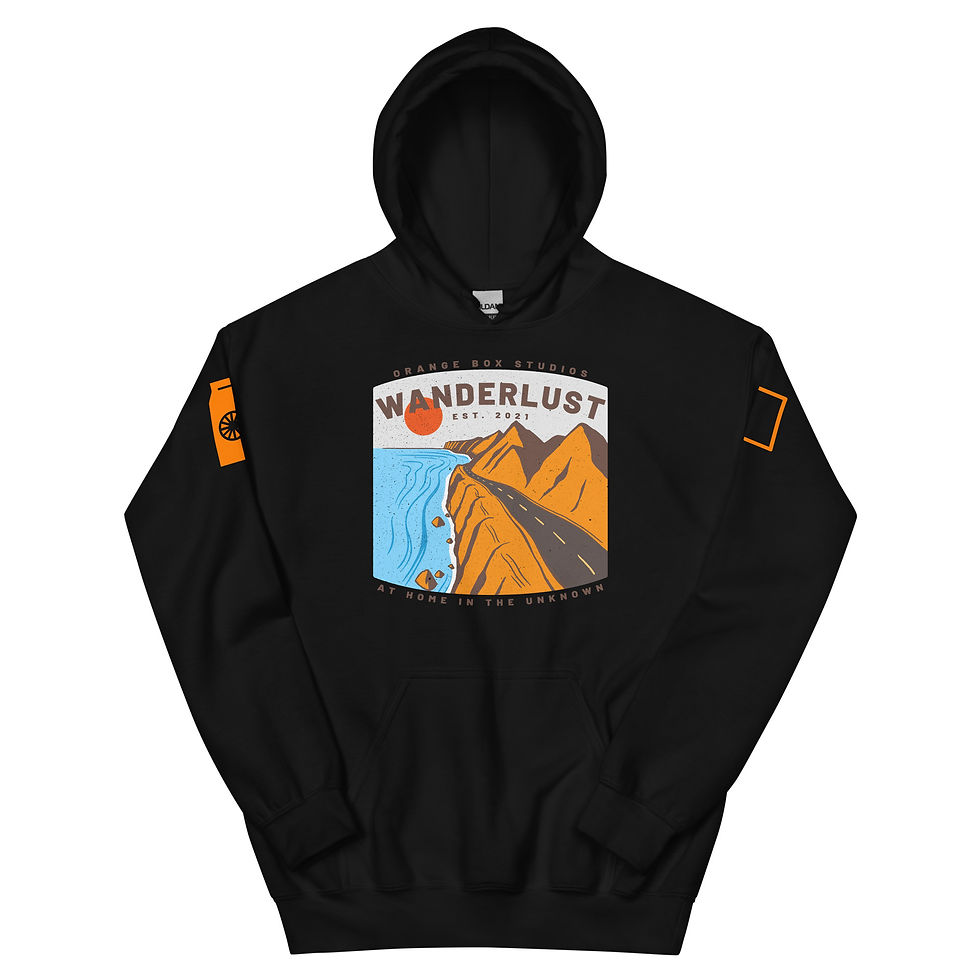 Thumbnail: front view of black Coastal Wanderlust hoodie with coastal highway print