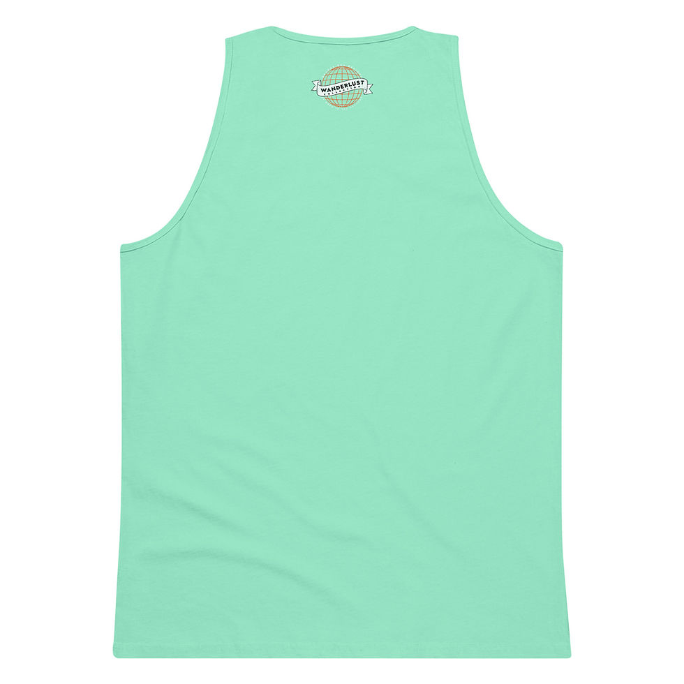 Thumbnail: back of teal tank top with Wanderlust Collection print