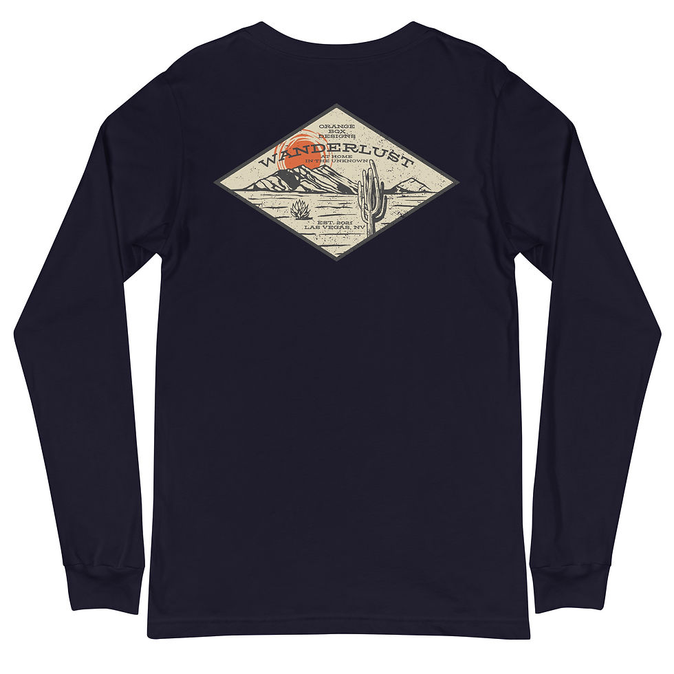 Thumbnail: back of navy heather long sleeve shirt with desert scene print 