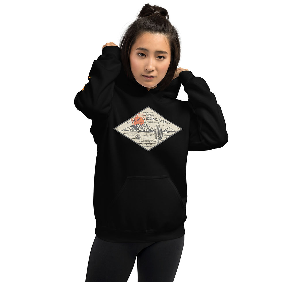Thumbnail: woman modeling front of black hoodie with desert scene print