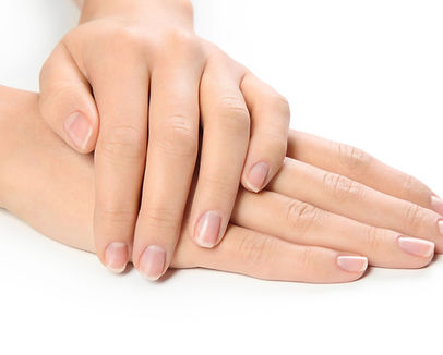 Beautiful female hands with colorless varnish on the nails on a white background isolated.