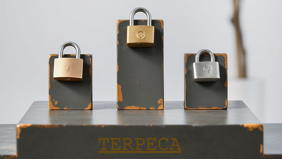Three locks on worn black pedestals, one gold, one bronze, one silver. Background is blurry, with yellow "TERPECA" text on the front.