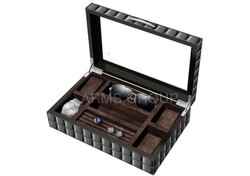1203780-1Premium Grid Grain Leather Accessories Box With Glass See-Thru Top