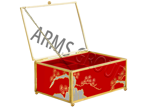 1710191-1 Oriental Pine Accent Design Glass Jewelry Box With Metal Frame (Medium)-Red